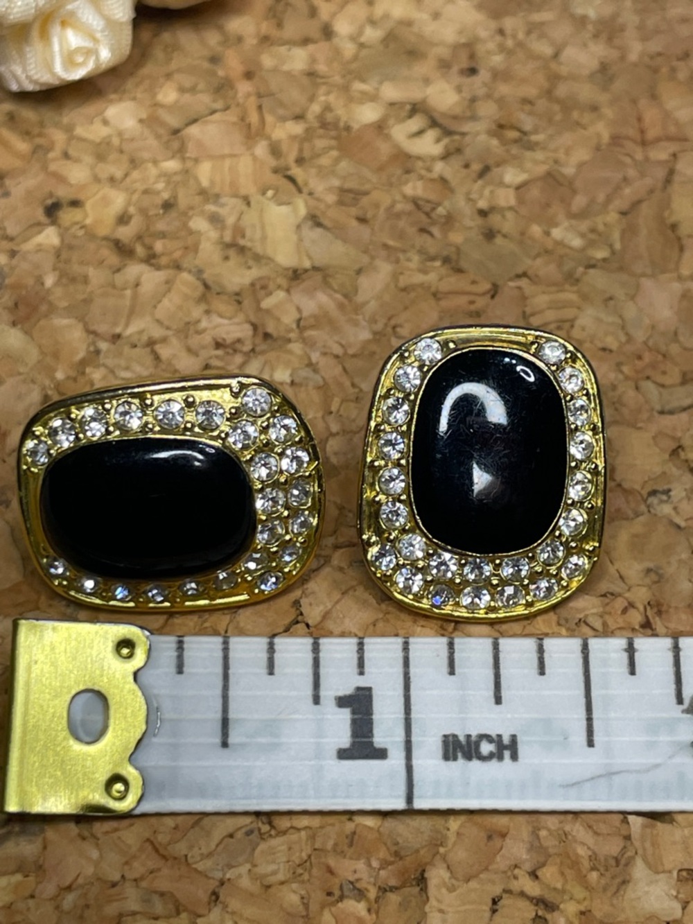 Vintage Roman 1989s Gold-Tone Black Enamel & Crystal Earrings - Picture 4 of 4